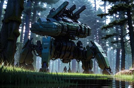 8k wallpaper, masterpiece,Cinematic Lighting, best quality,Illustration,detailed face depiction,dramatic angle,
mecha \\\(flegs\\\),, mecha,robot,reflection, tree, nature, scenery, forest, outdoors, robot, grass, moss, water, ruins