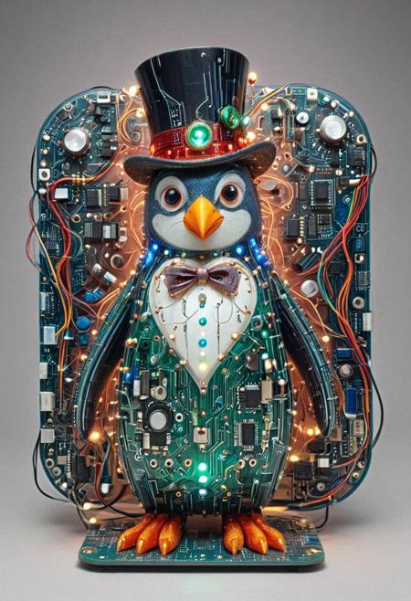 embedding:lazmpos, Transistors, pcb_style, LED, colorful LED lights, RGB lights, red green and blue penguin, art deco, top hat, cane, monocle,RetroBG