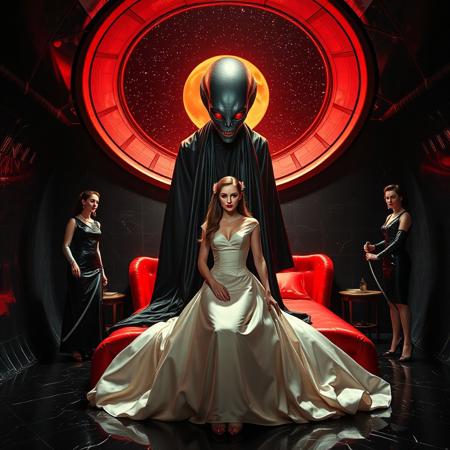 high-society elegant slender norvegian rich innocent young bride posind in front of whorish red glossy bed. She is ensnared by a towering, gray human-like alien, draped in a long, glossy black cloak, its eyes gleaming red with an otherworldly intensity.  Encased in light beam from the alien breeding chamber celling/ Surrounded by strict ladies wearing  glossy satin dominatrix attire and glossy high heels,  holding whips.   weird wet-look black slime  walls and floor, colossus observation blister to outer space full of stars, bright red moon, vintage-inspired makeup, long hairs, ultra thin waist, evil grin, porcelain skin, lipstick, red nails, in the style of a haunting, retro-futuristic 1950s sci-fi nightmare, horror, alien space base,,