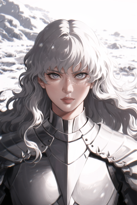 thisuserisalive,  masterpiece, best quality, griffith \(berserk\),1boy, androgynous, armor, chromatic aberration, closed mouth, curly hair, day, eyebrows hidden by hair, eyelashes, floating hair, grey eyes, lips, long hair, looking at viewer, male focus, nose, serious, sidelocks, snow, solo, straight-on, sunlight, tsurime, upper body, white hair <lora:thisuserisalive_offset:1>