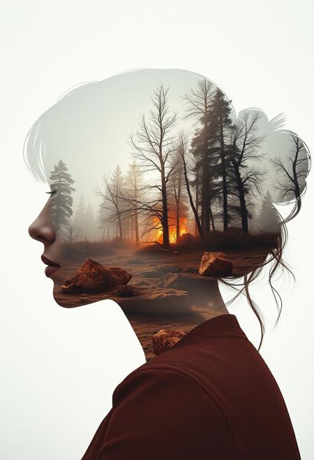 Abstract style dystopian future with elements of an apocalyptic winter inside the silhouette of a womans head and shoulders, that is a double exposure photograph . Non-representational, colours and shapes, expression of feelings, imaginative, highly detailed