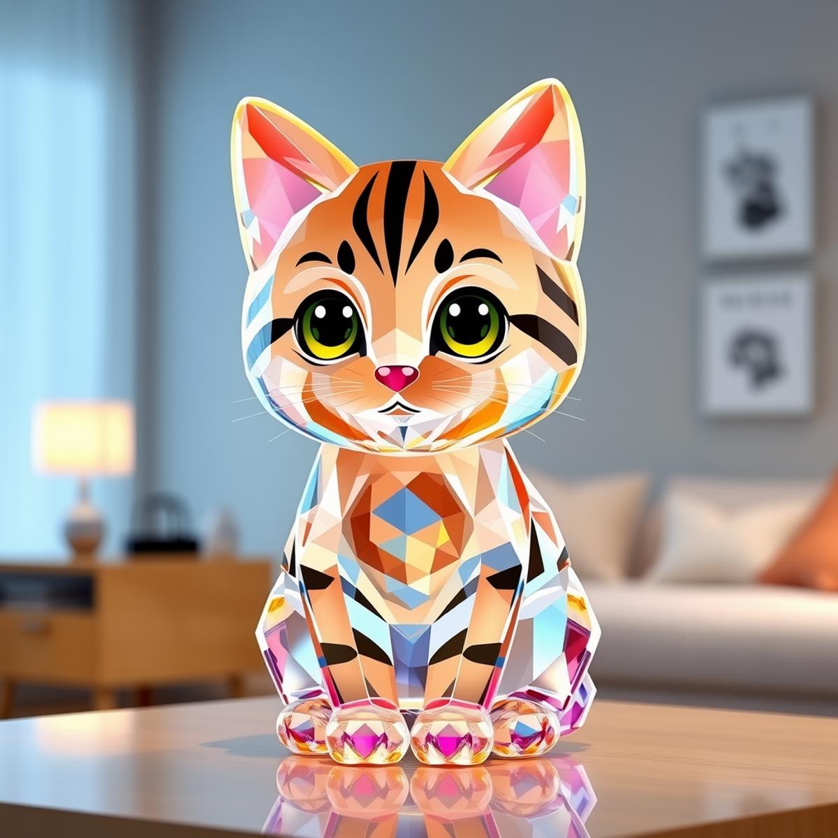 a cute chibi tabby cat made of crystal, living room background,shiny,highly detailed,masterpiece,high quality,pamcrystal