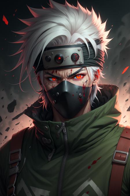 masterpiece, best quality,kakashi, 1boy, solo, male focus, mask, heterochromia, forehead protector, glowing, white hair, green eyes, red eyes, scar, mouth mask, scar on face, looking at viewer, glowing eye, debris, spiked hair, scar across eye, konohagakure symbol, short hair, blood, high collar