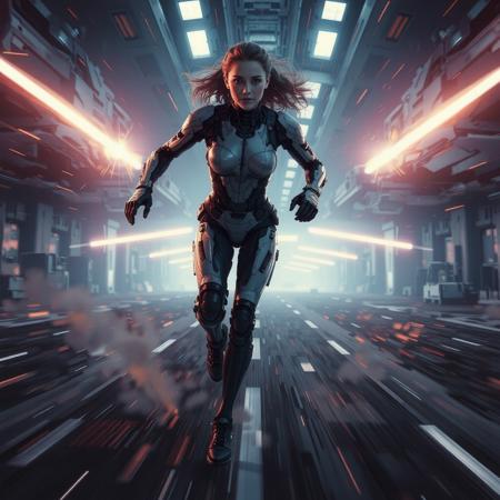 cinematic film still a combat cyborg girl with sleek, augmented legs running at high speed through a futuristic battlefield, dodging laser fire, her body designed for agility and combat. shallow depth of field, vignette, highly detailed, high budget, bokeh, cinemascope, moody, epic, gorgeous, film grain, grainy