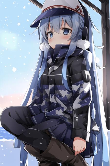 1girl, hibiki, verniy, (at full size), blue hair, long hair, blue eyes, small height, little girl, camouflage coat, ussr fleet cap, school boots, pleated skirt, winter, snowfall, blue sky, ocean, winter ocean, ussr