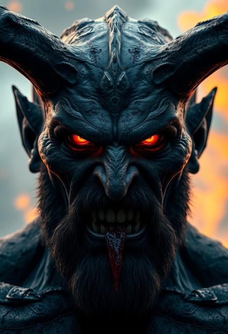 A photograph of an enormous demonic man from the waist up, featuring blazing eyes that seem to glow with an inner fire. His skin displays incredible texture, with scars and wounds that tell a story of battle. Prominent horns protrude from his forehead, framing a fierce expression. His beard adds to his intimidating presence, while blood trickles from his sharp teeth, enhancing the menacing look. The image should be cinematic in quality, resembling a scene from a film, with stunning 8K resolution that highlights every intricate detail of his face and upper body, creating a powerful and fearsome depiction of this dark character.