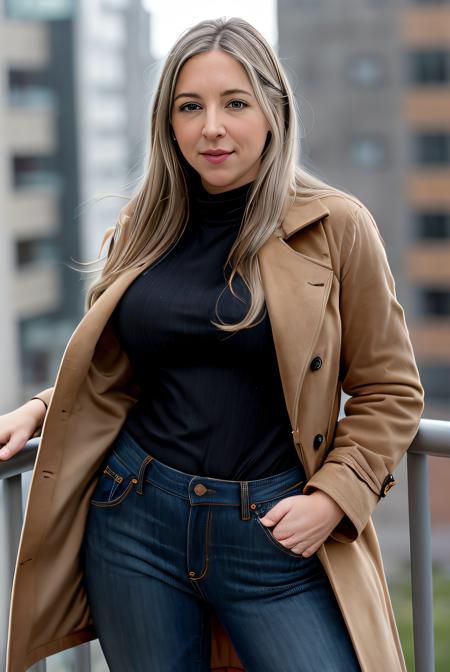 photo of (V1cC0M1t01-1900:0.99), a woman, RAW, close portrait photo, (long brown coat:1.2), (nice top:1.2), (high rise jeans:1.2), (high detailed skin:1.2), 8k uhd, dslr, soft lighting, high quality, film grain, Fujifilm XT3 sharp focus, f 5.6