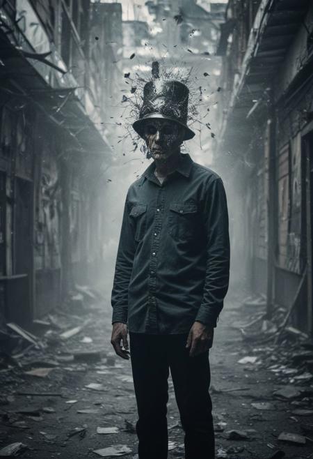 full-length images (full-body images), America wears the cursed sparkle hat of destruction!, macabre surrealism, bypassing rationality, evil after image, double exposure, evil echo image, echo image, refection, sidelit,  masterpiece from an evil dimension, film grain, noise offset, Getty Images quality photograph, surrealist horror photograph, melancholy terror and regret , multiple-exposure photograph, UHD, very slow shutter speed to capture motion, experimental lighting, experimental angles, strong fisheye-lens/ intense fisheye-view photograph,