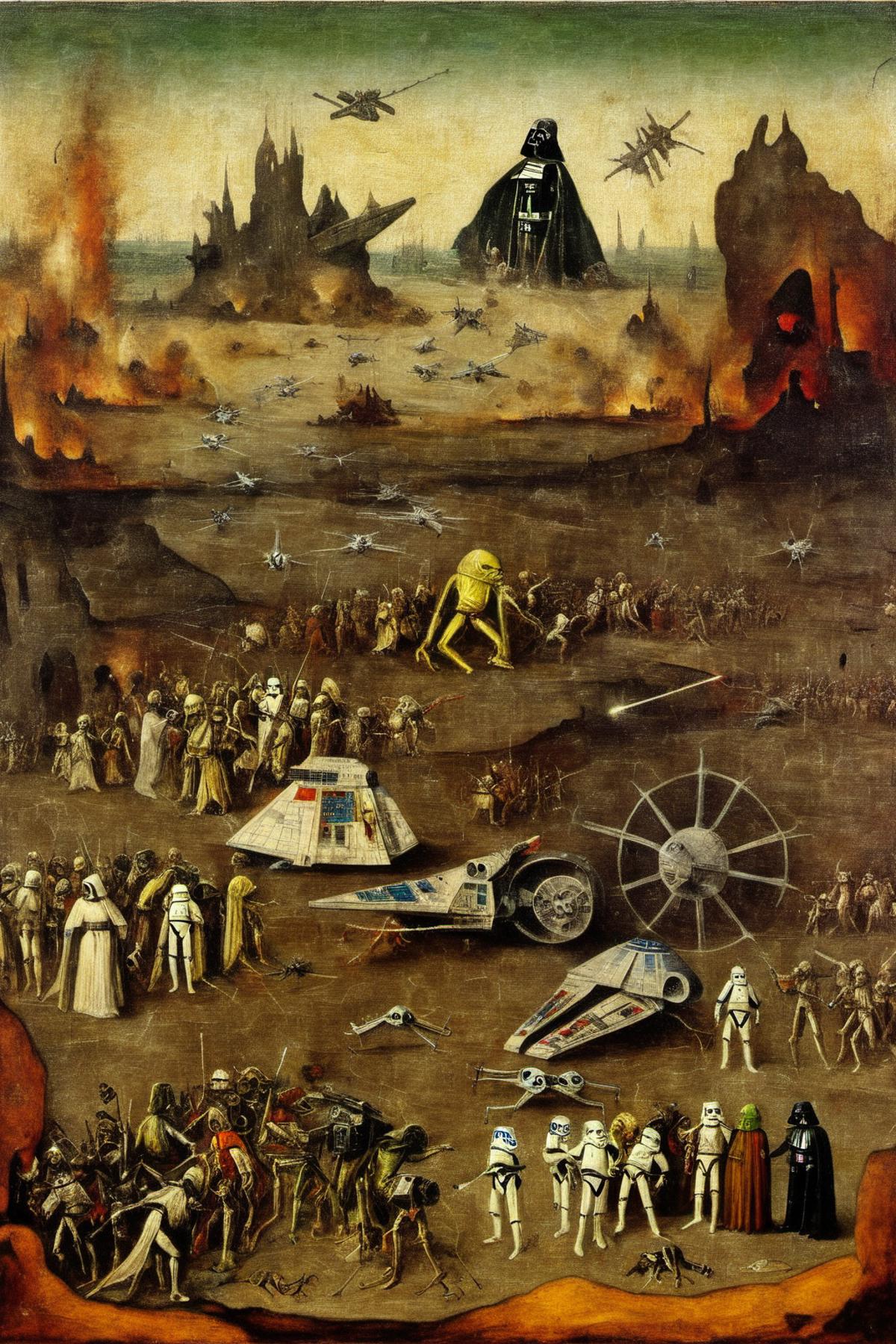 An antique painting depicting Star Wars scene, the Empire Strikes Back cahotic battle between the Imperial troops of the Galactic Empire and Rebels, (Cracked Paint Texture:1.1), Hieronymus Bosch Creature Style, Bosch_Creatures, 
Star Destroyer, AT-AT, AT-ST, many x-wing, r2-d2, C3-PO, Emperor, yoda
<lora:Hieronymus_Bosch_-_Godfather_of_Religious_Disturbism:1.0>