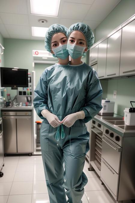 Realistic full body photo of a beautiful 4nn4k-v1 woman, 2girls, two headed, conjoined, conjoined dicephalus, scrubs, tight fit scrubs, light green scrubs, she is a doctor, long pants, wearing a surgical mask, surgery cap, gloves, full body, solo, caucasian, bald, smiling, realistic, soft, professional Photography, in surgery, well lit photo, Photorealistic, detailed, RAW, analog, sharp focus, 8k, HD, DSLR, high quality, Fujifilm XT3,  award winning, masterpiece<lora:4nn4k-v1:1.0> <lora:4nn4k-v1:1.0><lora:4nn4k-v1:1.0>