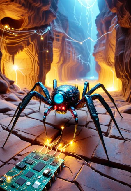 a spider-like inspection drone crawling across a glowing server canyon, legs articulated with etched flex cables, lens-eye scanning along voltage paths like veins, tiny fans spinning beneath its chassis, trailing a filament of diagnostic code, pcb_style