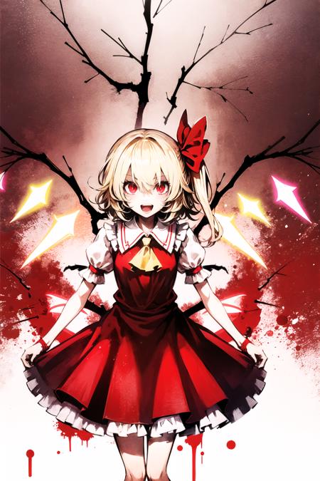 1girl, solo, flandre scarlet, wings, red eyes, blonde hair, dress, ribbon, no headwear, ascot, hair ribbon, red dress, open mouth, blood, side ponytail, short sleeves, looking at viewer, crystal, smile, red ribbon, alternate costume, glowing, short hair, puffy sleeves, <lora:Banpai Akira:0.8>