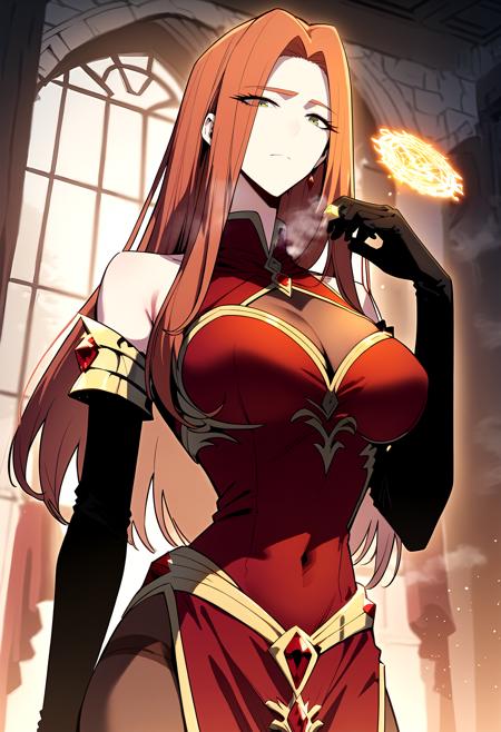 long hair, red hair, green eyes black jacket, turtleneck, white sweater, black skirt, pencil skirt gem, red dress, bare shoulders, cleavage, cleavage cutout, see-through, sleeveless, elbow gloves, black gloves, covered navel, detached sleeves, pelvic curtain, pantyhose