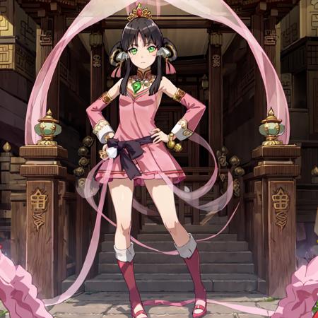 Raypa_Padma_Kurin,1girl, solo, black hair, pink dress, pink skirt, ribbon, bare shoulders, jewelry, green eyes, sidelocks, red detached sleeves, necklace, flat chest, facial mark, chinese clothes, tiara, hair rings, red footwear, standing, full body, hand on hips