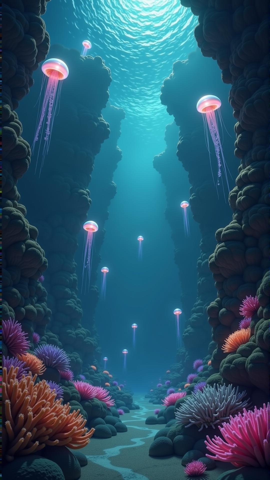 A dreamlike underwater landscape where the ocean floor is made of glowing coral, each branch pulsing softly with vibrant colors. Massive, translucent jellyfish drift lazily through the water, their long, glowing tendrils trailing behind them like beams of light. The water is crystal clear, allowing you to see for miles in every direction, where enormous, glowing sea creatures move slowly through the depths. Above, the surface of the water reflects the glowing coral below, creating an infinite mirror of light and color. In the distance, massive, glowing ruins rise from the ocean floor, their surfaces covered in glowing algae and bioluminescent plants.