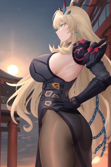 masterpiece, high quality, 1girl, huge breasts, furled brow, serious, hands on hips, breast focus, profile view, sunset, shrine, <lora:barghest>barghest, tall muscular female, long hair, blonde hair, horns, heterochromia, red eyes, green eyes, ascension2, black dress, sideboob, single pauldron, pantyhose, chain