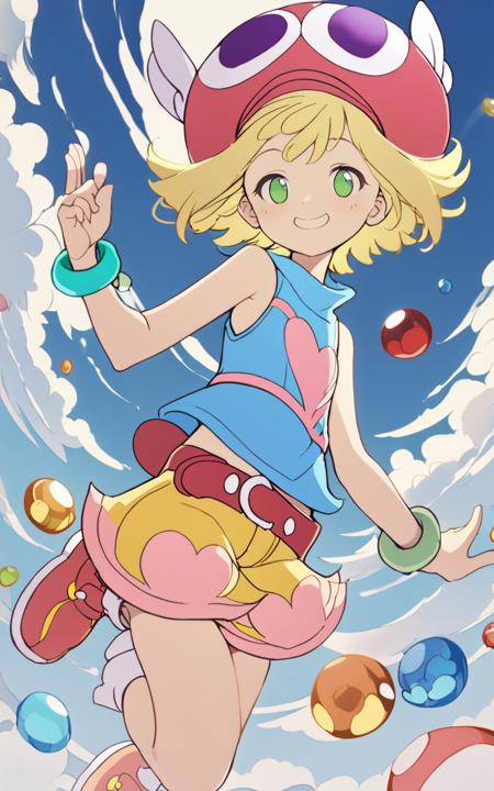 amitie green eyes, blonde hair, short hair hat, skyblue shirt sleeveless, red belt, red shoes, yellow shorts, pink heart