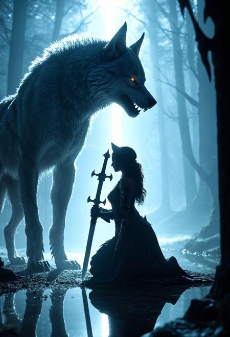 Bosstyle, Silhouette of a woman kneeling in front of a a giant friendly translucent wolf Monster Boss resembling a ethereal wolf. subsurface scattering, night.The sword is vertical, resembling a cross, with the blade driven in slightly more than halfway. The sword appears ancient, with a slightly glowing blade and intricate details on the hilt.The skull should be seamlessly integrated into the landscape, ethereal and mystical atmosphere, Sunlight should filter through the canopy above, highlighting the tranquil and otherworldly quality of the scene, beautiful reflection, realistic, <lora:MJ52:0.45>, <lora:Dark Fantasy:0.75> <lora:!action-sdxl-V0.5:0.75> <lora:M05_Intensify:0.45> <lora:add-detail-xl:1.2>