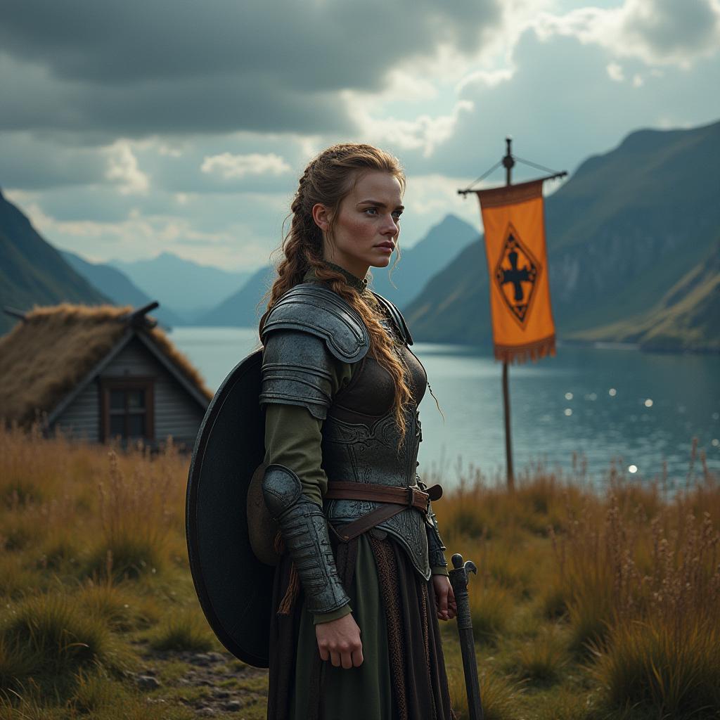 A photo realistic portrait of a Viking shieldmaiden standing amidst a beatiful fjord.  Her armor is scorched, and her braids are singed. The background iswith lush grasslands and mountains , with the sky above heavy with dark, swirling clouds.A Viking longhouse stands in the background, with its majestic roof.Beautiful Viking banners hang limply from poles, their once-proud symbols now faded and torn.
