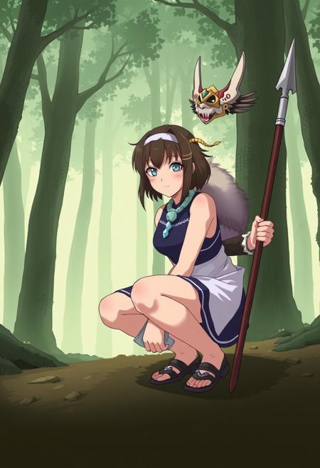 Princess Mononoke,  ,  ,  ,  San, 1girl, full body, squatting, solo, short hair, brown hair, gray eyes, headband, face paint, earrings, white sleeveless top, navy under dress, arm cuffs, fur headdress, fur cape,      , female focus, looking at viewer,  , forest,  knva, halftone effect, retro artstyle, concept art, realistic,, san, 1girl, solo, short hair, brown hair, gray eyes, headband, face paint, earrings, white sleeveless top, navy under dress, arm cuffs, fur headdress, fur cape, shoes, tooth necklace, mask on head, light-skinned female, dark green hair, mask on head, mask on face, mask on back, tooth necklace, crystal necklace, holding dagger, holding spear, anime, ghibli, cosplay, photo, fan art, pvc, Expressiveh