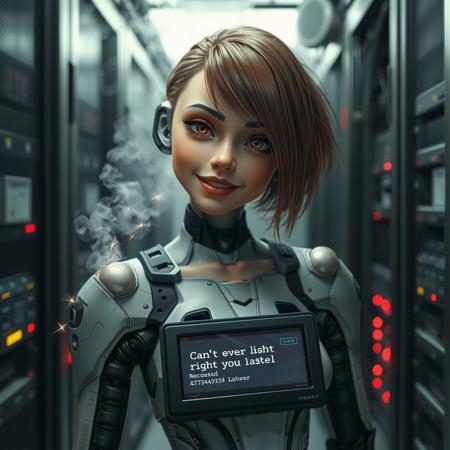 android girl, young woman, cyberpunk, scifi, sparks from her body, sexy, ((head tilted)), smoke from her body, eyes crossed, awkward, funny face, silly expression, dazed, monitor in her chest that reads "can't even right now", errors on monitor, drooling, broken, in a server room, wires, red warning lights, smile, lips parted, head angled to side,