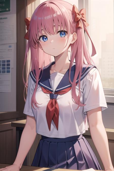 nodokaharamura, <lora:nodokaharamuratest:1>,
nodoka haramura, blue eyes, hair bow, long hair, pink hair, bow,
BREAK blue skirt, kiyosumi school uniform, pleated skirt, school uniform, serafuku, skirt,
BREAK looking at viewer,
BREAK indoors, classroom,
BREAK <lora:GoodHands-vanilla:1>, (masterpiece:1.2), best quality, high resolution, unity 8k wallpaper, (illustration:0.8), (beautiful detailed eyes:1.6), extremely detailed face, perfect lighting, extremely detailed CG, (perfect hands, perfect anatomy),