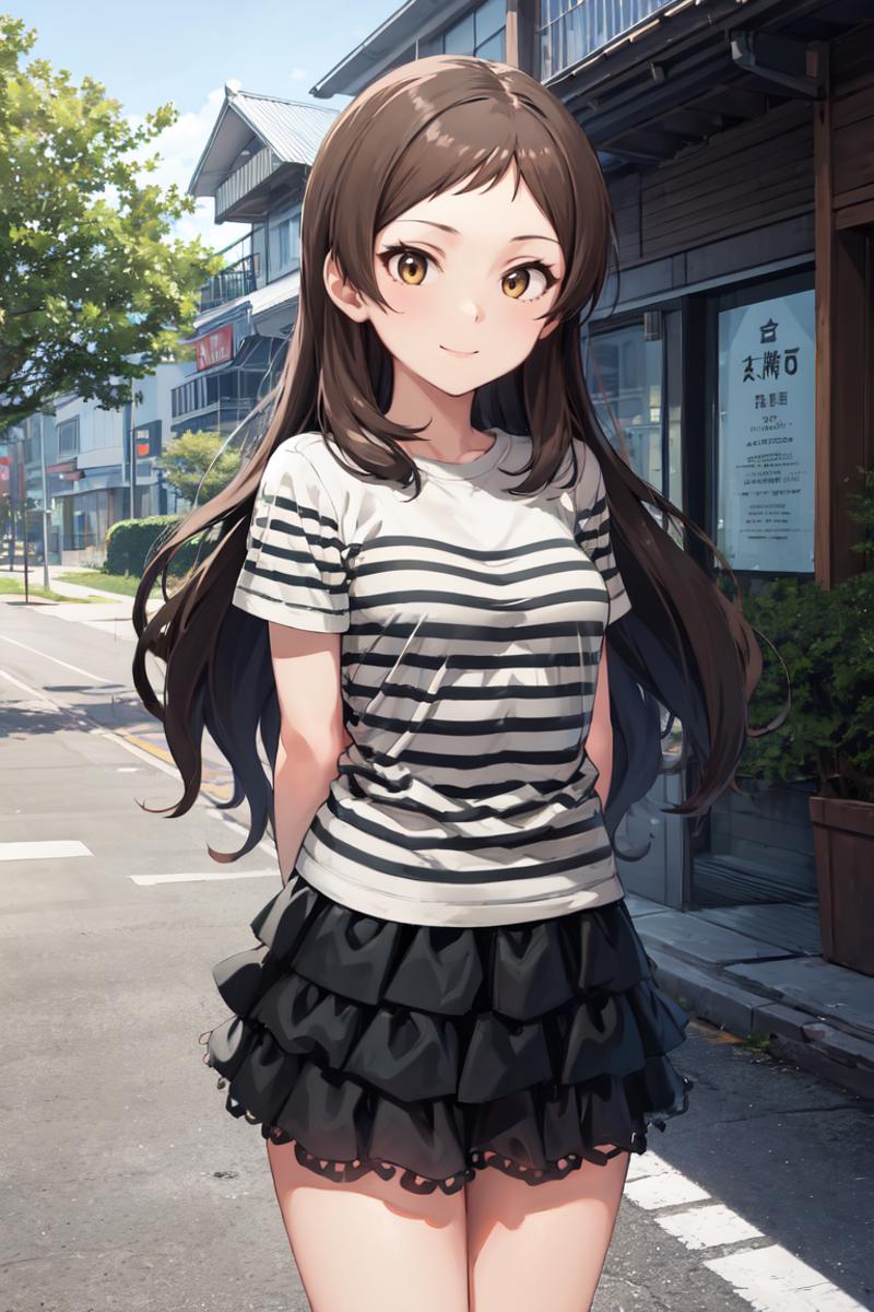 A girl with a ponytail wearing a white and black striped shirt and a black skirt.