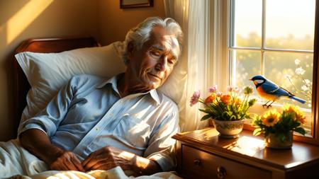 an elderly man peacefully lying in bed,(warm soft sunlight streaming through the window),(birds sitting on the windowsill),quiet and serene room,delicate flowers on the bedside table,the man's face showing peace,calm,and contentment,soft lighting,golden sunlight,cozy atmosphere,gentle shadows,a sense of love and respect in the air,calm expression,gentle wrinkles,relaxed posture,soft bed linens,peaceful morning light,the beauty of life's final moments,warm tones,harmonious composition,nature outside the window,birds chirping softly,a sense of completion and fulfillment,(masterpiece:2),(best quality:1.1),ultra highres,original,extremely detailed,perfect lighting,<lora:MJ52_v2.0:0.5>,<lora:xl_more_art-full_v1:0.8>,<lora:detailed_notrigger:1>,