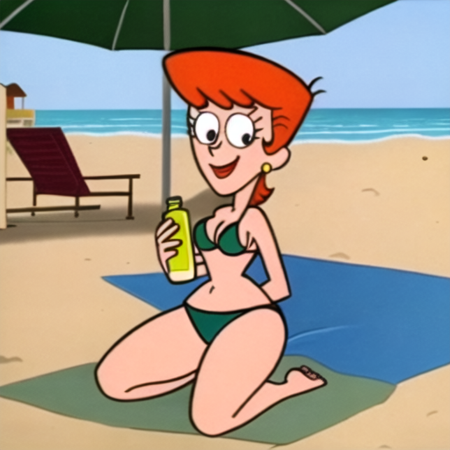 A (masterpiece:1.3) cartoon of the(best quality) of Dexter's Mom, <lora:Dexter_s Mom:0.7>, 1girl, solo, looking_at_viewer, short_hair, red_hair, indoors, ultra-detailed, incredibly detailed, 4k, 8k, perfect eyes, flat coloring, pupils, smiling, jewelry, sitting, swimsuit, bikini, earrings, outdoors, barefoot, day, orange_hair, kneeling, ocean, umbrella, beach, sunglasses, bottle, sand, green_bikini, beach_umbrella