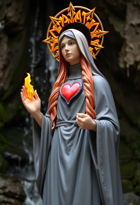 Saint Statuette. Brigid. Woman with copper hair, fiery halo, fiery heart, one fiery hand. Gray Nun's habit, white wimple. Waterfall grotto background. View from below.