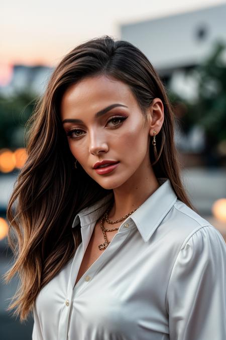 photo of (EPM1ch3ll3K33g4n:0.99), closeup portrait, perfect hair, (modern photo, White blouse, black pants, and a classic Chanel chain bag), 24mm, (analog, cinematic, film grain:1.3), (([uss enterprise command bridge, quantum-controlled smart grids,concrete tiles roof,granite, oil lamps,outdoor fire pit, moving head lights| grass], gradient:1.1)), ((detailed eyes)), ((eyeliner, long lashes)), (epicPhoto), long eyelashes, (perfect waist), (painted lips)