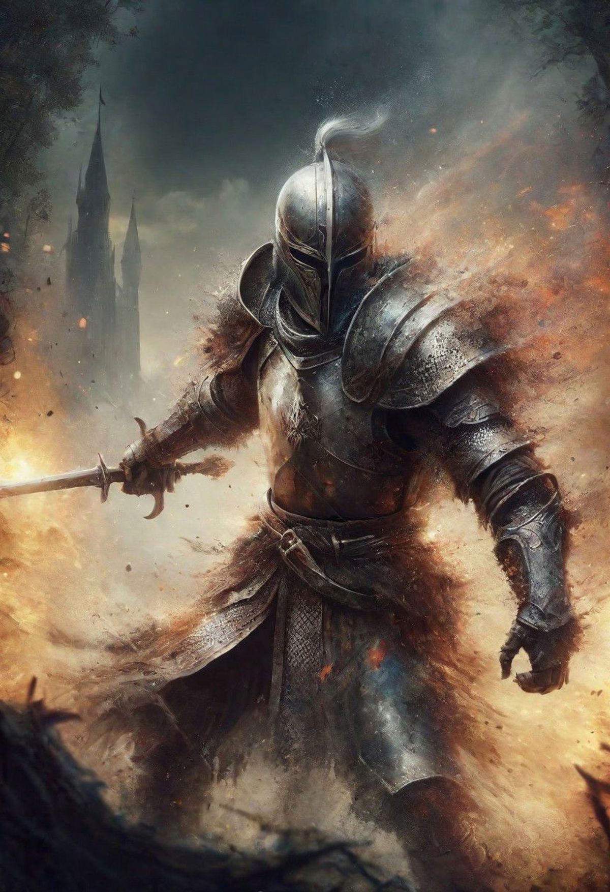 A warrior in a metal suit with a sword and a shield, standing in front of a castle.