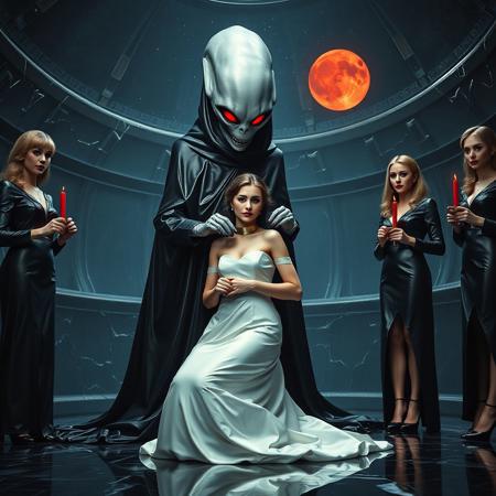 high-society elegant slender norvegian rich innocent young bride kneeling  from behind. She is ensnared by a towering, gray human-like alien, draped in a long, glossy black slime cloak, its eyes gleaming red with an otherworldly intensity.   its hands fastens steel slave collar  on her. Surrounded by strict ladies wearing  glossy satin dominatrix attire and glossy high heels,  holding red candles.   weird wet-look black slime  walls and floor, colossus observation blister to outer space full of stars, bright red moon, vintage-inspired makeup, long hairs, ultra thin waist, evil grin, porcelain skin, lipstick, red nails, in the style of a haunting, retro-futuristic 1950s sci-fi nightmare, horror, alien space base,,