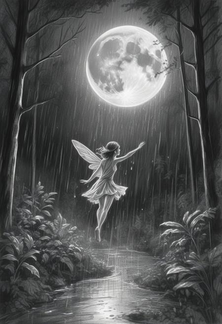 Hand-drawn sketch, overhead view of a fairy mid-leap in a rain-soaked forest under a full moon. Wet scene, reflective surfaces, drizzling rain, rough pencil strokes, textured, white background.