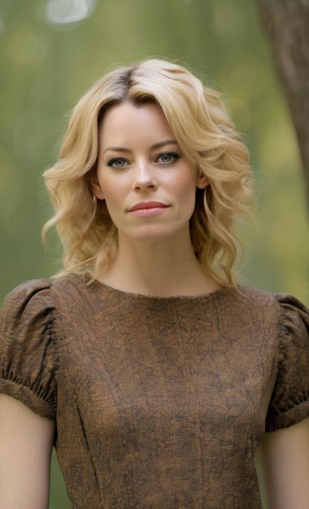 <lora:elizabeth_banks :1> elizabeth banks fashion woman A half body Portrait of a beautiful 26 year old woman, focus on eyes, sexy stare, background tall trees