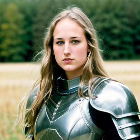 RAW photo, a close up portrait photo of leelee sobieski in plate armor, long haircut, pale skin, slim body, background is field, (high detailed skin:1.2), 8k uhd, dslr, soft lighting, high quality, film grain, Fujifilm XT3 <lora:leelee sobieski v1.0:0.7>