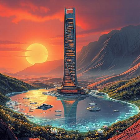Planet Xylophia-IV, a stunning celestial body known for its breathtaking landscapes, making it an attractive destination for human colonization and terraforming efforts in the late 22nd century.
Soft, serene sky with reds and oranges
A tranquil, crystal-clear  ice lake reflects the aurora's ethereal dance, its surface dotted with lotus-like, bioluminescent flora that pulse in harmony with the planet's natural energy; undulating, emerald-green hills rise gently, covered in a lush, alien vegetation that shimmers with a subtle, rainbow hue; the rugged, ruby mountain range stretches across the horizon, its peaks hiding ancient, alien ruins and mysterious energy sources.
The center object is a majestic, spiral-shaped skyscraper, that pierces the sky, its surface adorned with a latticework of neon-lit, retro-futuristic accents; the spire serves as New Eden's heart, housing the colony's administration, a renowned intergalactic research center, and a luxurious, zero-gravity hotel.
As the dual suns dip below the horizon, New Eden transforms with a warm, golden lighting scheme, accentuating the retro-futuristic elements and casting a magical glow across the landscape.
Panoramic shot from a elevated vantage point, capturing the entirety of New Eden, the lake, and the majestic distant mountain ridge.