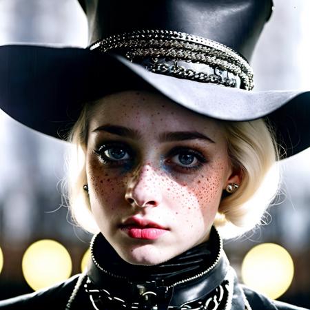 an 8k film still portraying a ukrainian young lady having piercing blue peepers, freckles, and an inquisitive visage captured by gordon parks wearing a long coat and a black leather hat with chain amidst a retrofuturistic scene from balde runnes. overexposed.