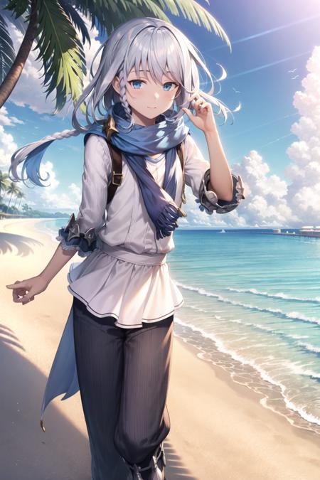 1boy, Noa_Granblue,  solo, long hair, looking at viewer, scarf, pant, braid,