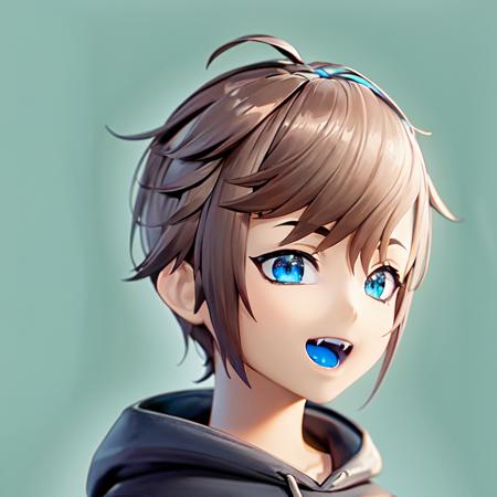 (Masterpiece, Best Quality, 8k, best quality face, beautiful eyes) ArnasAtakiyo, 1boy, aqua background, black hoodie, blue eyes, blue tongue, brown hair, colored tongue, drawstring, fangs, green background, hood, hood down, hoodie, looking at viewer, male focus, open mouth, portrait, short hair, simple background, smile, solo, teeth <lora:Arnas_Atakiyo_UPGRADE:0.75>