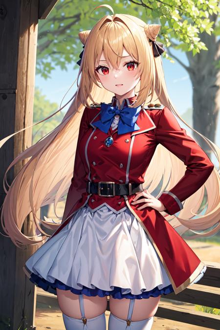 masterpiece, best quality, highres, 1girl, solo, long hair, blonde hair, cone hair bun, hair ornament, hair intakes, ahoge, bangs, red eyes, blue bowtie, red jacket, red coat, long sleeves, belt, white skirt, garter straps, white thighhighs, <lora:terakomari_gandezblood_1:0.6>, standing, cowboy shot, outdoors