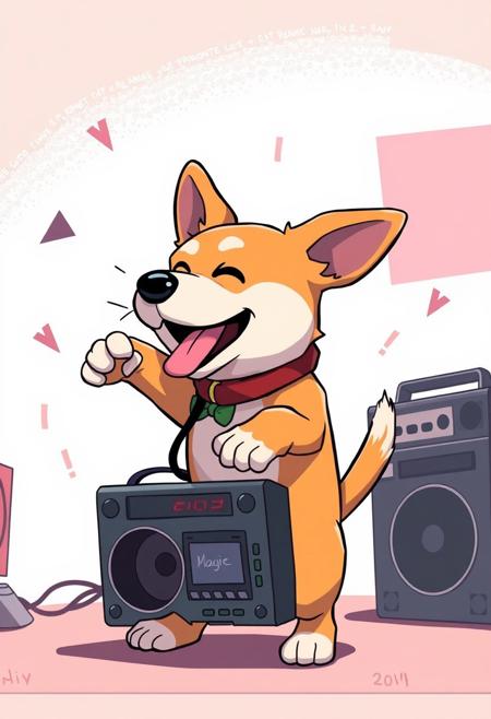 anime style, a dog break dancing with a boom box, chibi, breakdown,