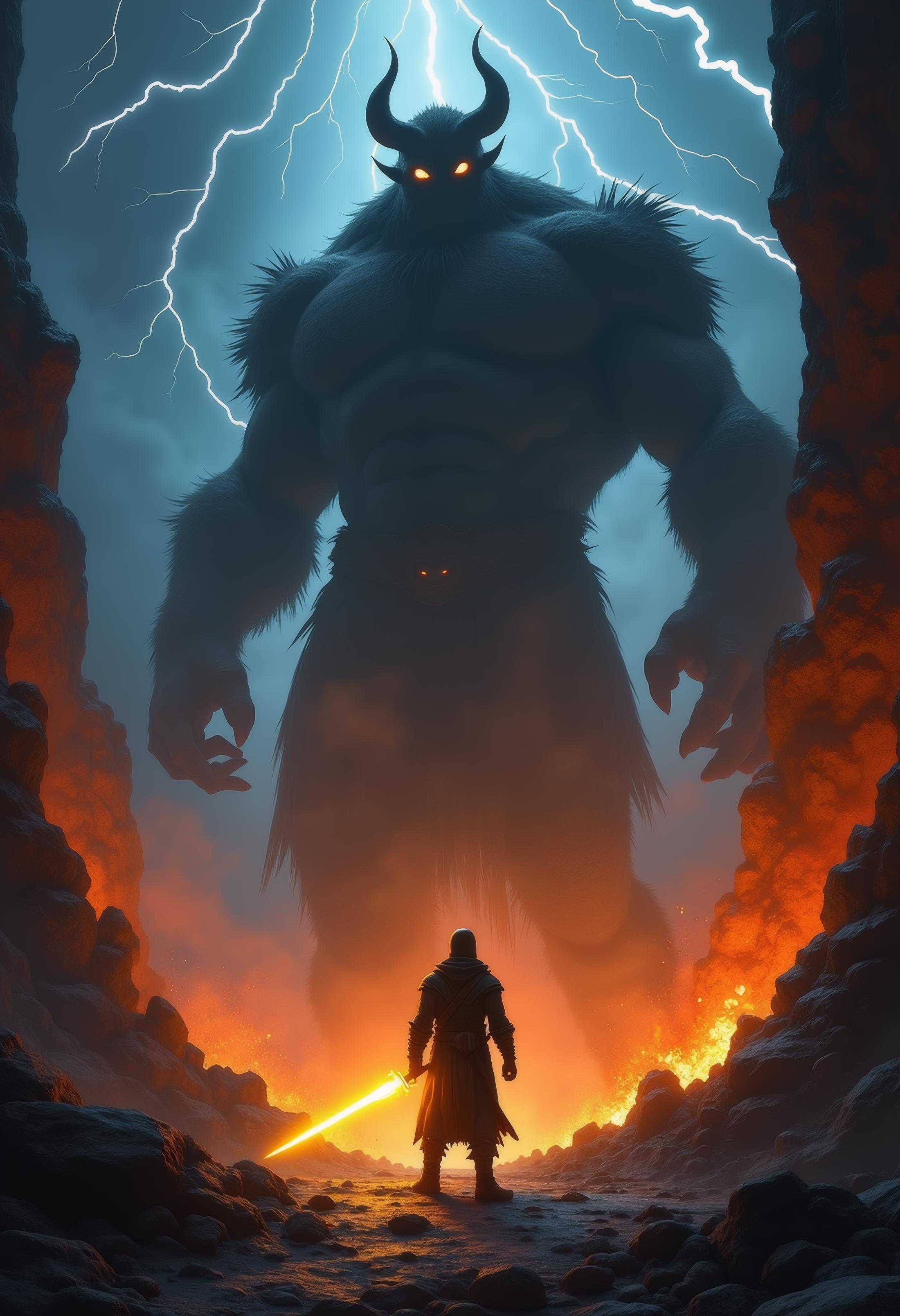 A hellish landscape with black lightning, fire everywhere. A large, silhouetted orc looms in the background, casting a long shadow. In the foreground, a small adventurer stands with their back to the viewer, wielding a sword made of glowing yellow light.