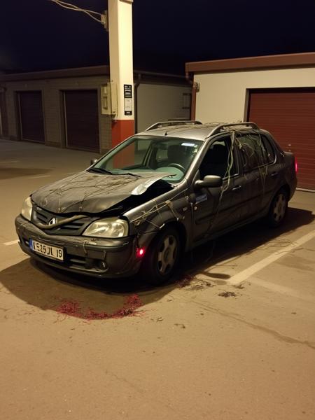 Infected renault logan shot. Russian town's garages area with one damaged renault logan, which appears to be possessed and infected with evil cybernetic infection, that covers half of the car with it's destructive tubes and wires. Cybernetic infection has a subtle red glowing accents. Night, dark environment. Accident photo, made in hurry and slightly blurred. Cheap android photo, posted on Facebook in 2010.