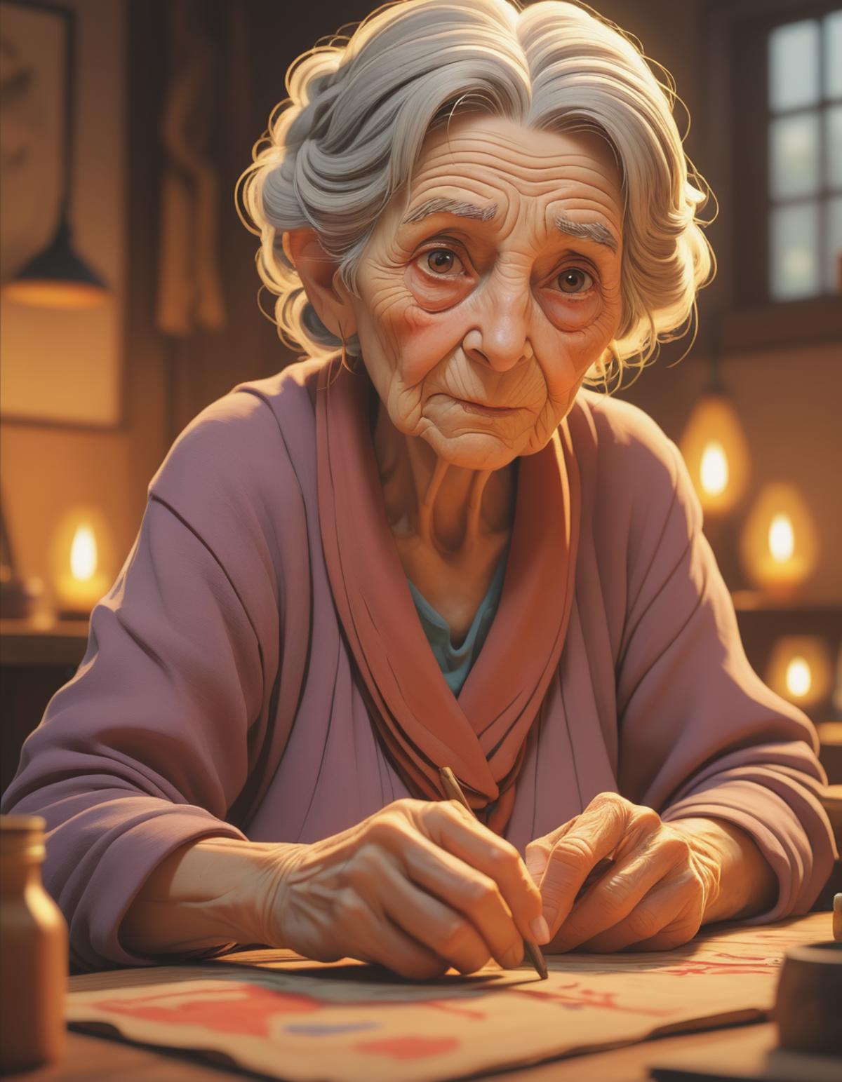 An elderly woman sitting in a chair in a dimly lit room.