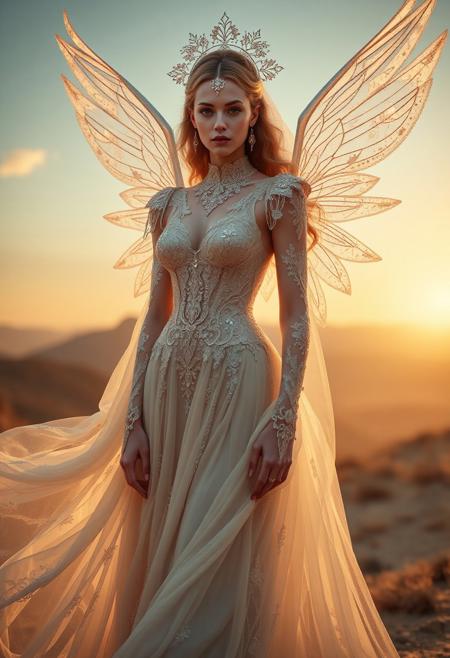 Ethereal fantasy concept art of a celestial female wearing a dress designed by Alexander McQueen with design elements including delicate lace, flowing chiffon materials, soft focus photography, golden hour lighting, photographed with Canon EOS 5D Mark IV 75mm f/2.8 by Ansel Adams, color tint Neutral Gray, ultra-detailed. Magnificent, celestial, ethereal, painterly, epic, majestic, magical, fantasy art, cover art, dreamy.