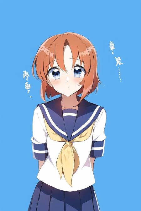 1girl, serafuku, neckerchief, sailor collar,
ryuuguu rena, orange hair, blue eyes,
upperbody, standing,
 <lora:PentagonRailgunStyle:1>,
simple background, white background, <lora:ryuuguuRenaHigurashi_v1:0.8>