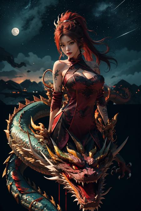 extremely detailed CG unity 8k wallpaper,masterpiece, best quality, ultra-detailed, beautiful detailed eyes,best illumination, best shadow,dragon_real,
(1gril),solo,(crimson dragon:1.4),crimson hair,(crimson eyes:1.1),long hair,ponytail,Bare shoulders,(crimson cheongsam:1.2),(green jewel:1.2),earrings,bare legs,(crimson tattoos and dragon),collarbone,lips,moon,gigantic hanging breasts,black silk stockings,lace,Anime face,2.5D,8k,
Beautiful facial features,starry sky,Complex decoration,Black Armor,looking at viewer,Strong lighting,light and shadow texture,texture details,