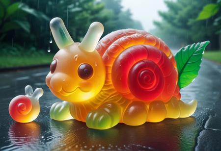 masterpiece,best quality,amazing quality, gummymorph, gummy snail, leaf, rain