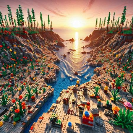 a beautiful natually looking landscape on a sunset, a low perspective, the nearby objects are clearly made of lego bricks